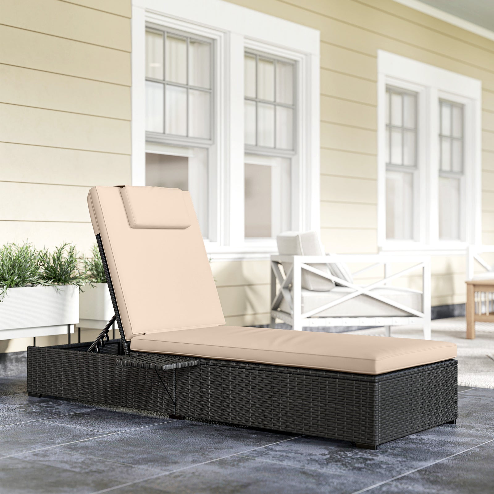 Rattan Sun Lounger, Garden Recliner W/ 5-level Back, Cushion | Black