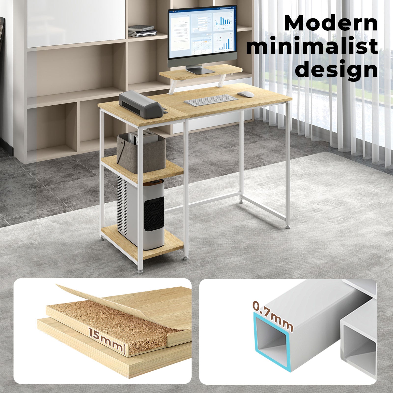 Computer Desk Home Office Table With Storage Shelves Monitor Stand | Oak