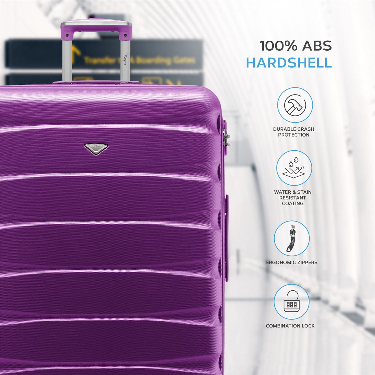 Set Of 3 Hard Shell Suitcase Cabin & Check In Cases With Tsa Lock - Overhead Cabin With Medium & Large Check-in Bag | Set of 3 | Purple