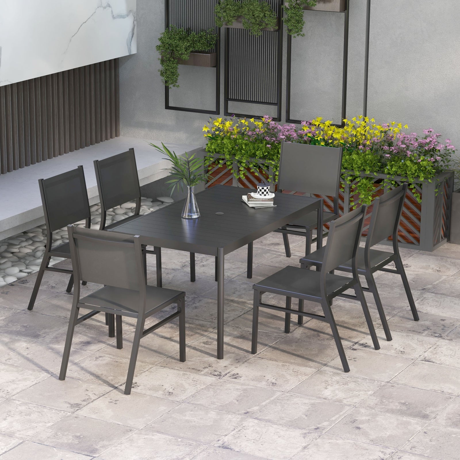 7 Piece Set W/ Mesh Seat, Aluminium Top Table