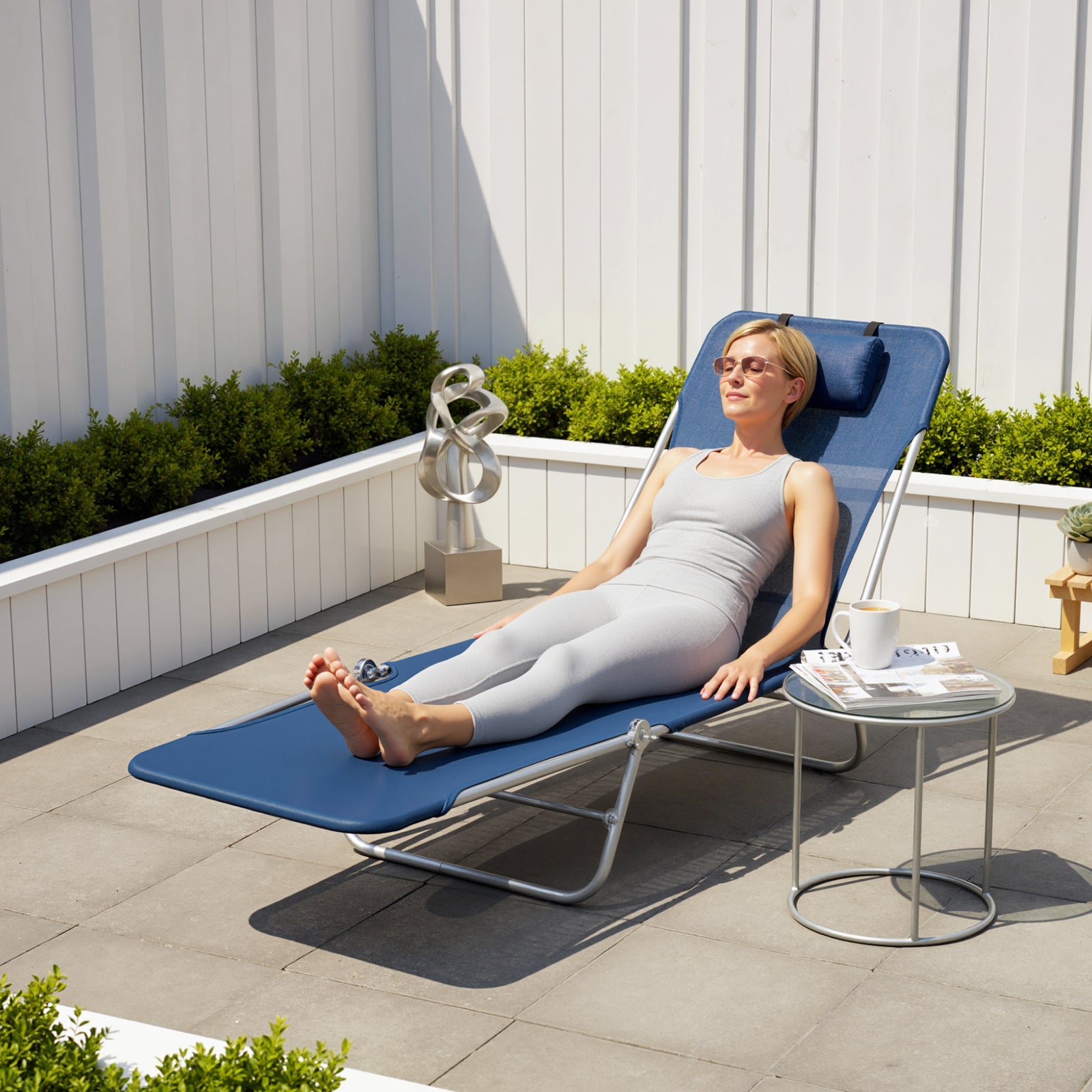 Adjustable Sun Bed Garden Lounger Recliner Relaxing Camping | Dark Blue