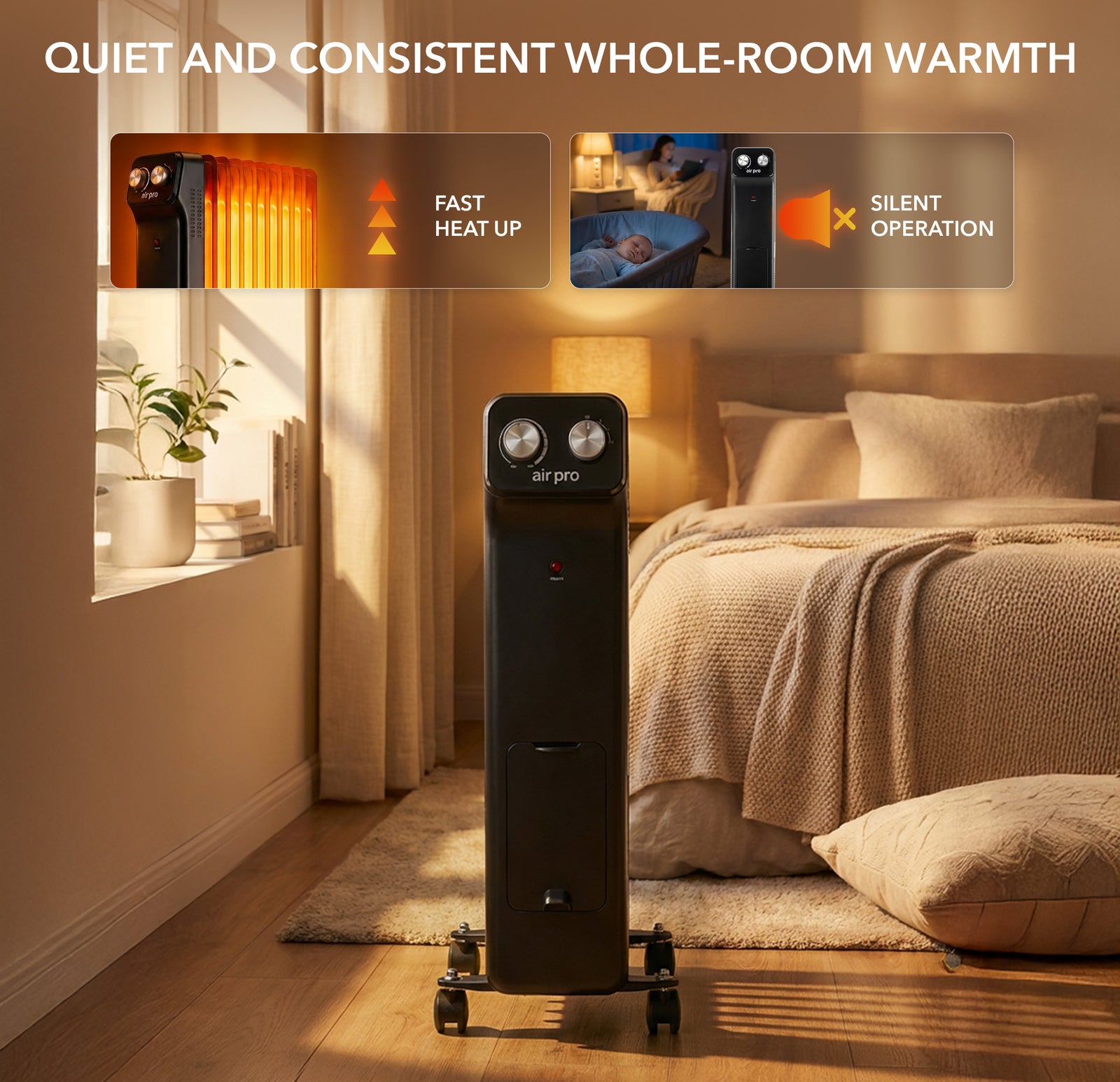 Oil-filled Electric Radiator 2500w, Adjustable Thermostat, 3 Settings | Black