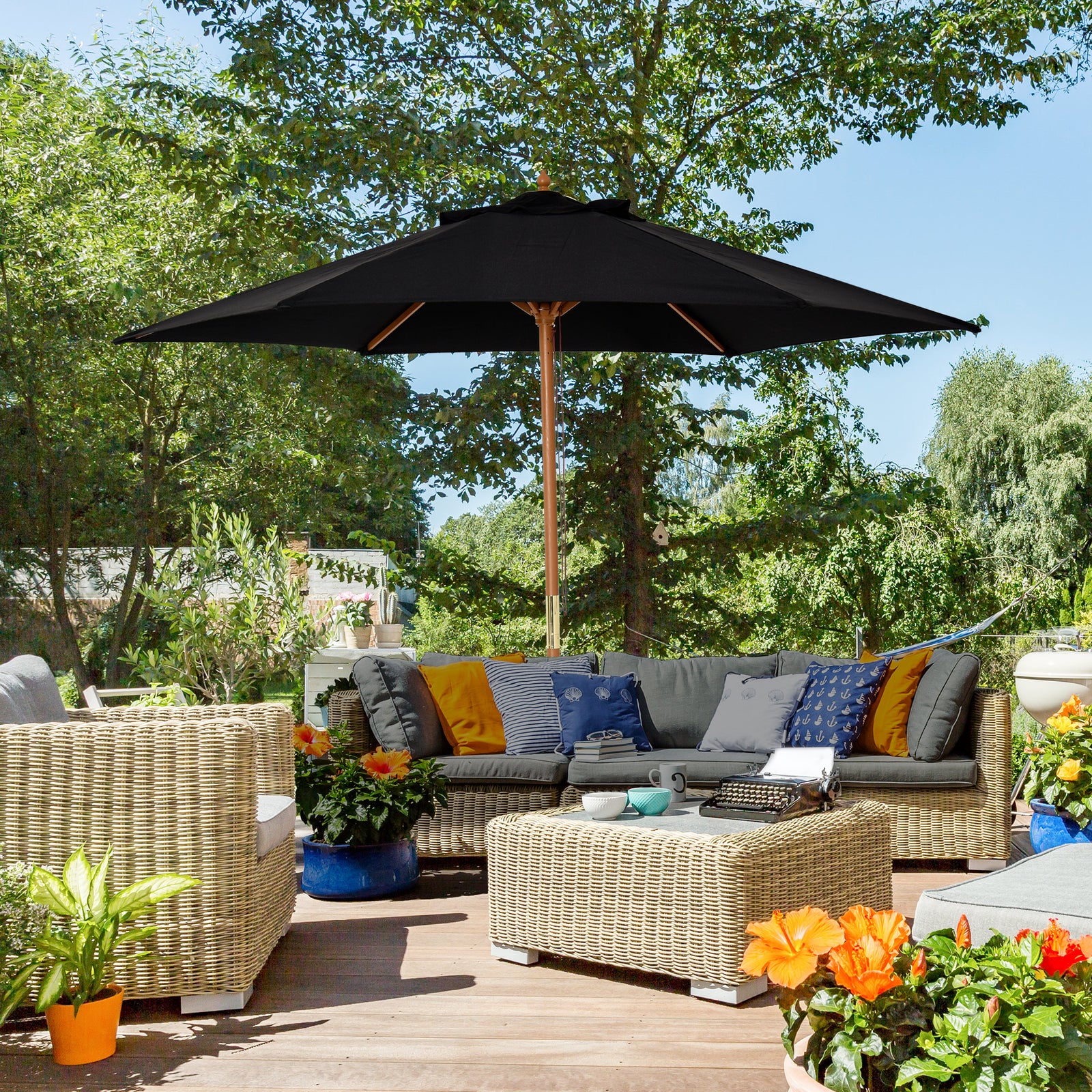 2.5m Wood Garden Parasol Sun Shade | Black