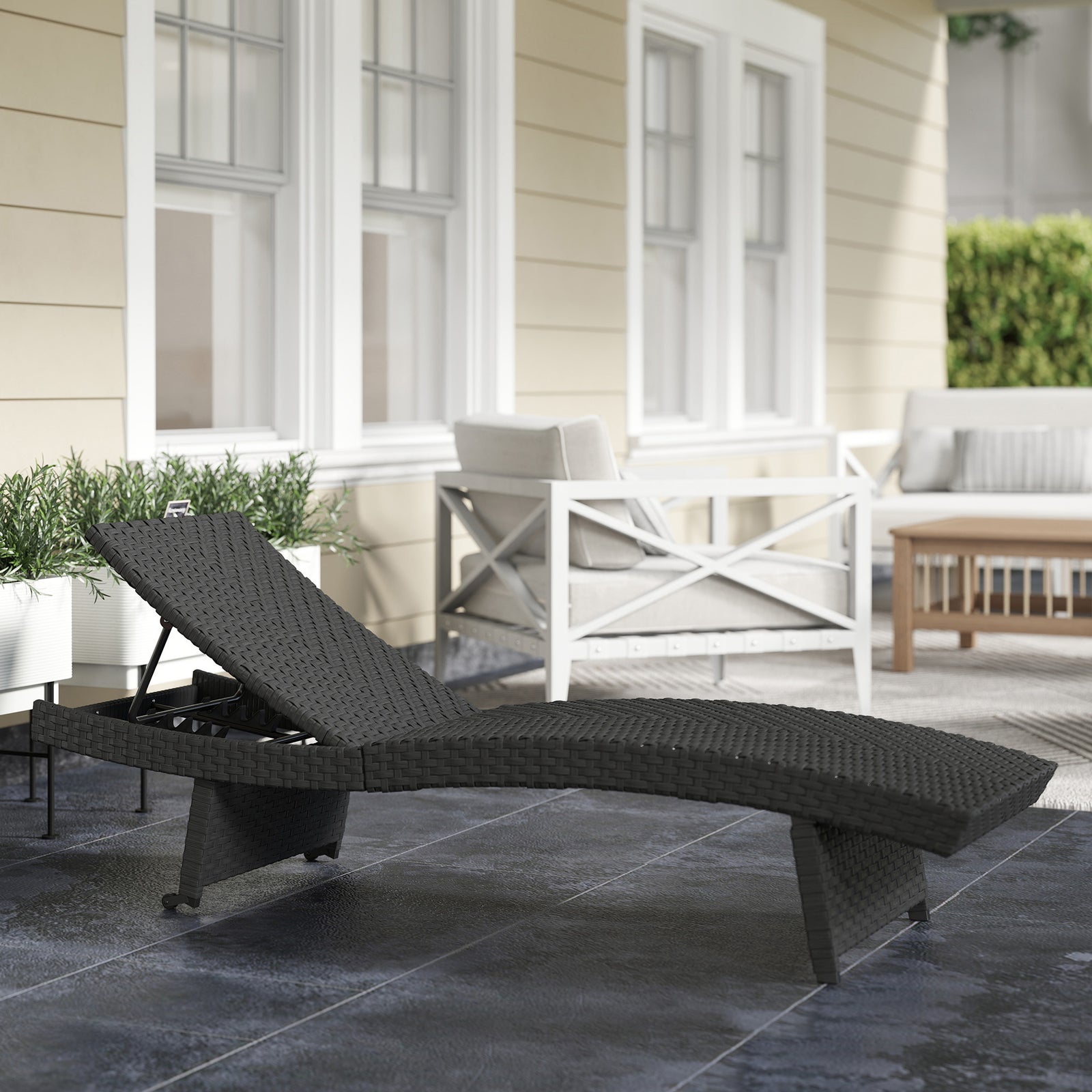 Pe Rattan Sun Lounger With 4-level Adjustable Backrest | Black