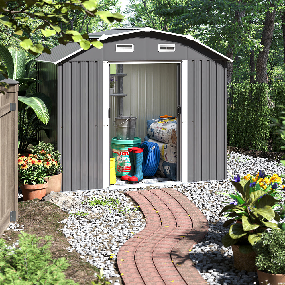 7.72 ft x 4.3 ft Outdoor Metal Storage Shed with Double Lockable Doors and Vents - Waterproof Garden Tool Organizer with Foundation and Shelving