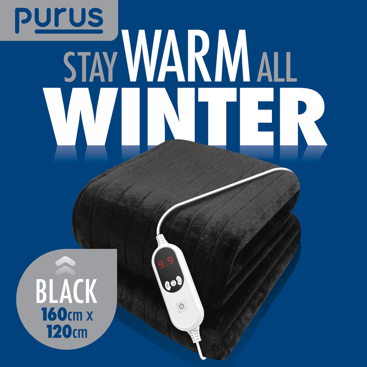 Deluxe Electric Throw Heated Double Over Blanket Soft Fleece 9 Heat & 12 Timer Settings | L | Black