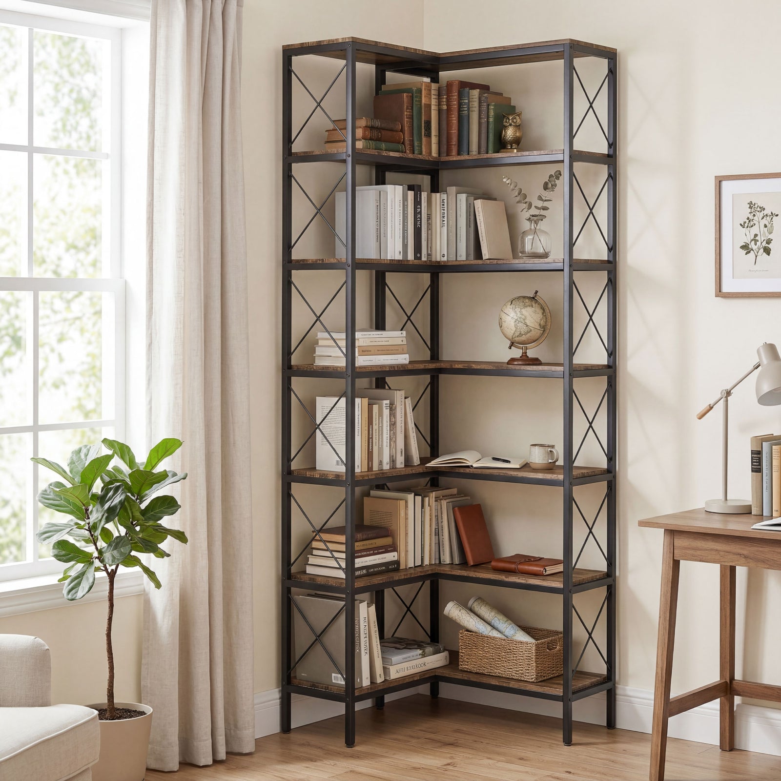 L-shaped Bookshelf, 6-tier Bookcase With Metal Frame, Rustic Brown | M | Rustic Brown