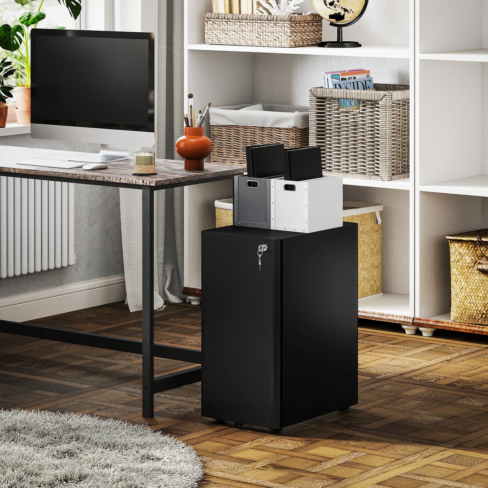 Steel Filing Cabinet With Lock And Wheels For Home Office | One Size | Black