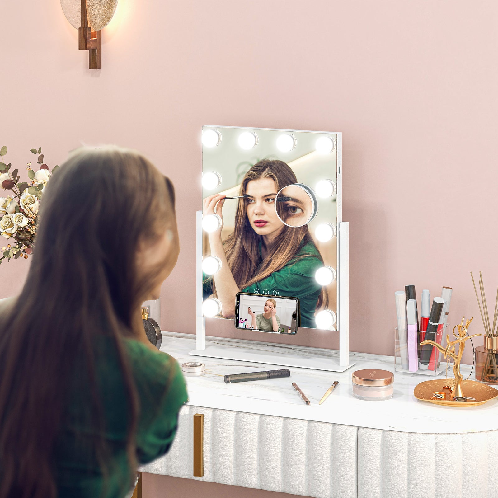 Hollywood Lighted Makeup Mirror With Magnifier, Usb Port
