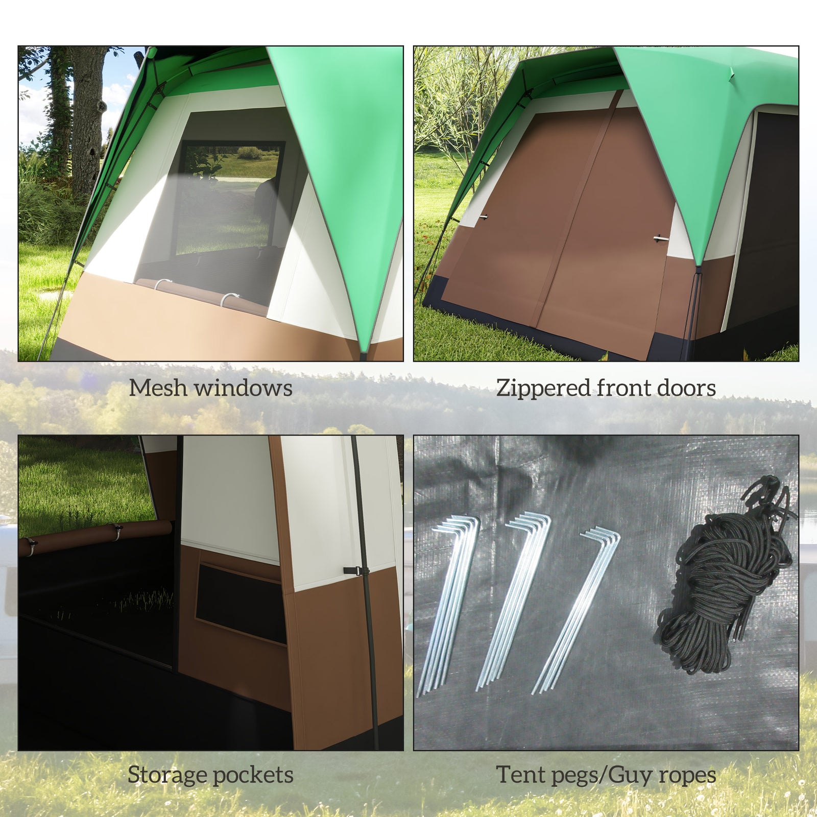 Camping Tent With 3000mm Waterproof Rainfly & Screen Panels | Green