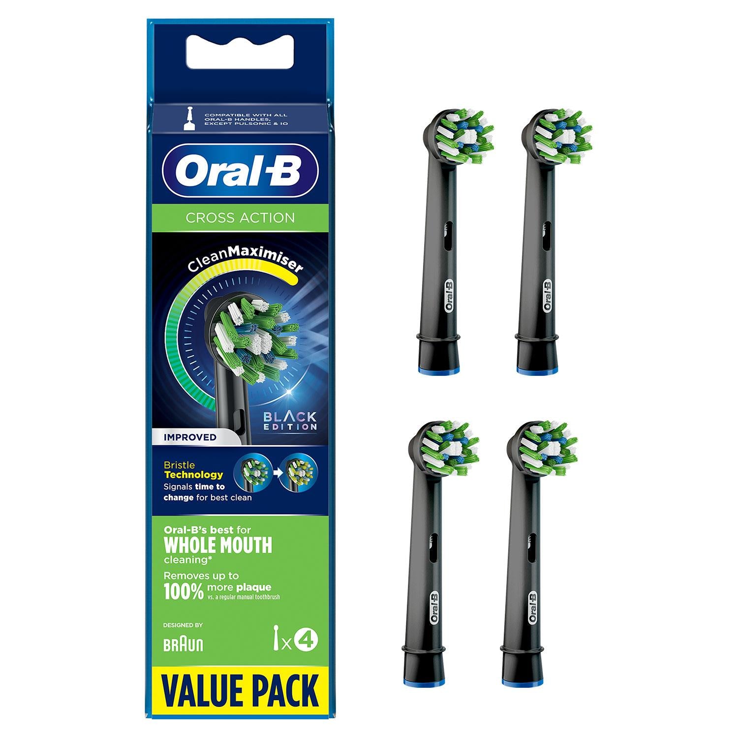 Cross Action Black Clean Maximiser Replacement Toothbrush Head, Pack Of 4