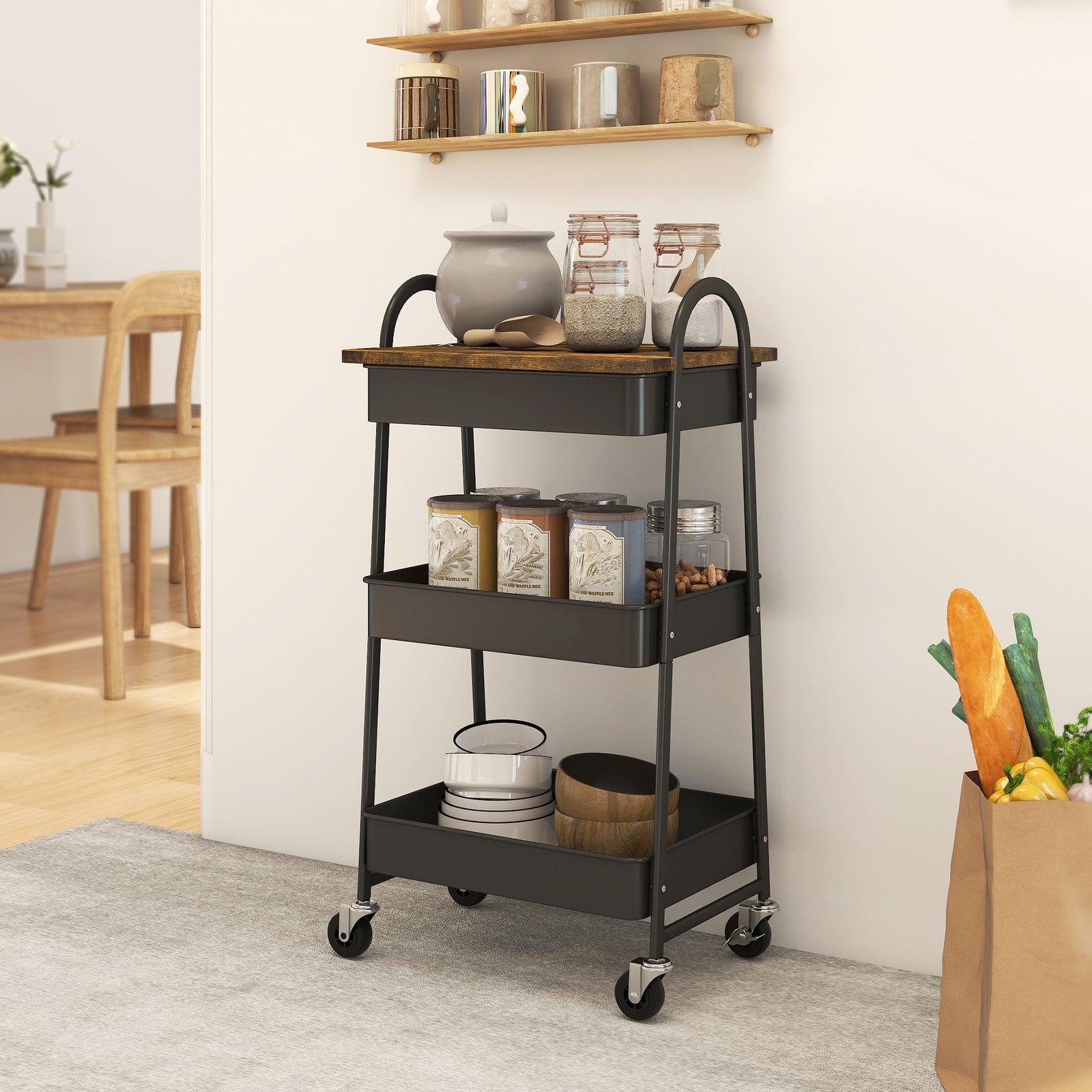 Rolling Utility Cart With Mesh Baskets For Kitchen | Black