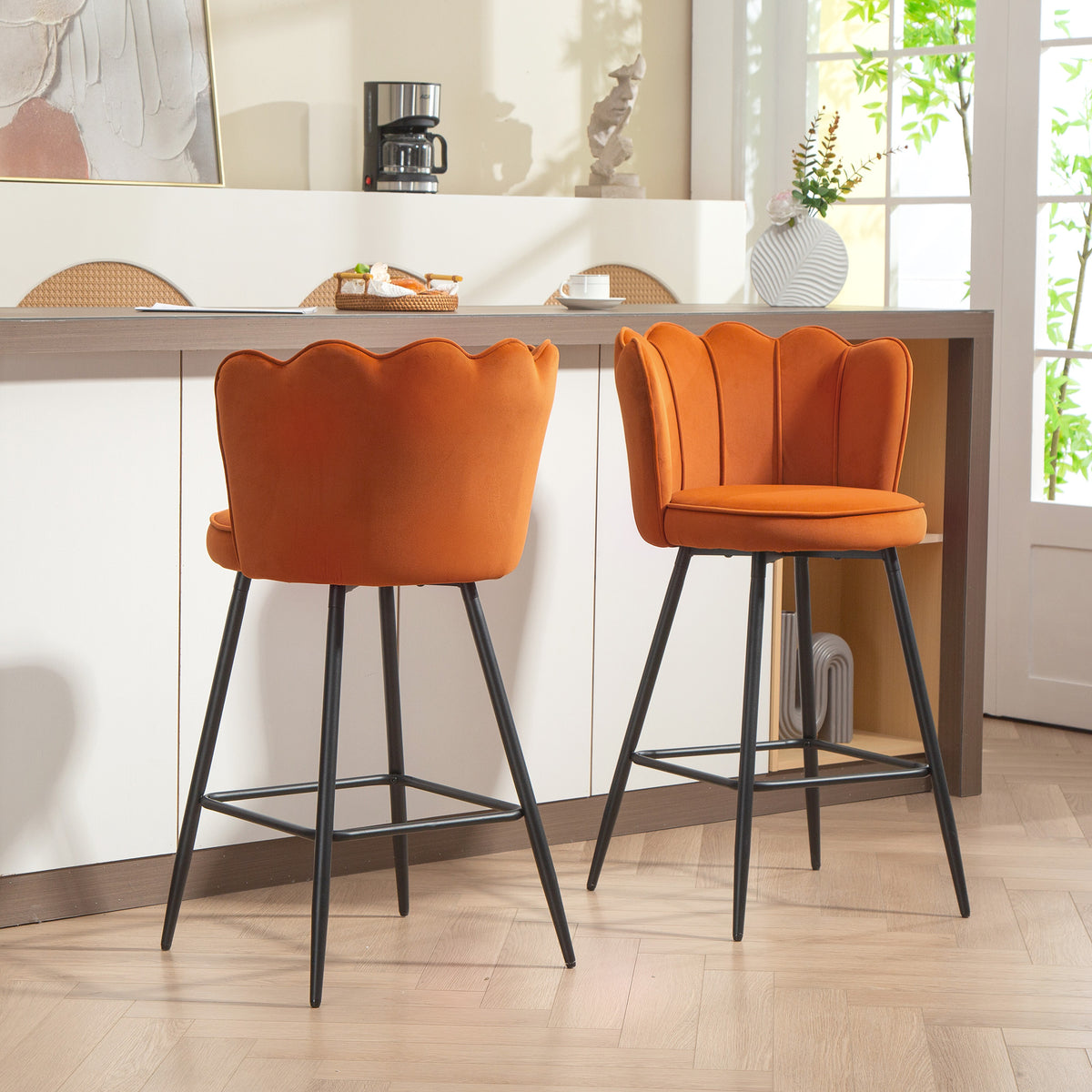 Barstool With Petal Backrest For Kitchen Island | Set of 2 | Orange