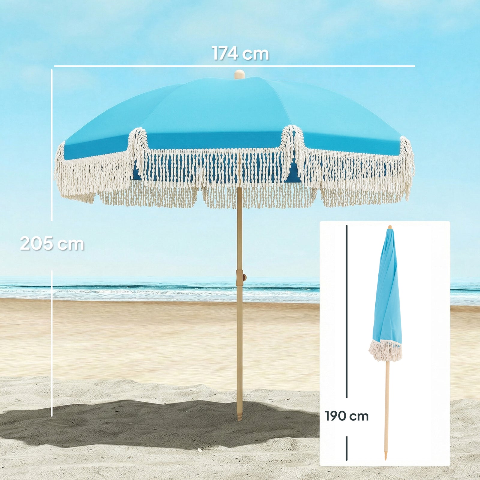 1.7 M Beach Umbrella, Adjustable Height Portable Parasol | Blue