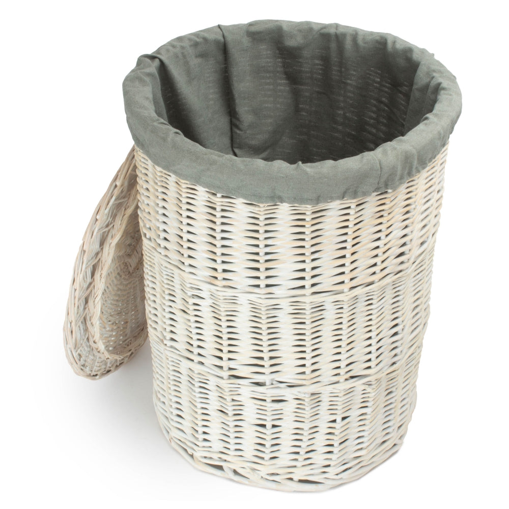 Round White Wash Laundry Hamper With Grey Sage Lining | Large