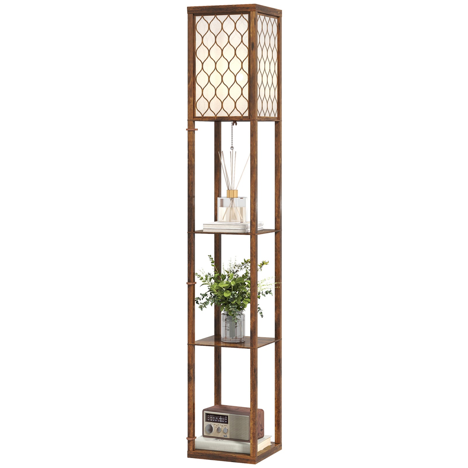 HOMCOM Modern Floor Lamp Light With 3 Shelves Fabric Lampshade, Rustic Brown