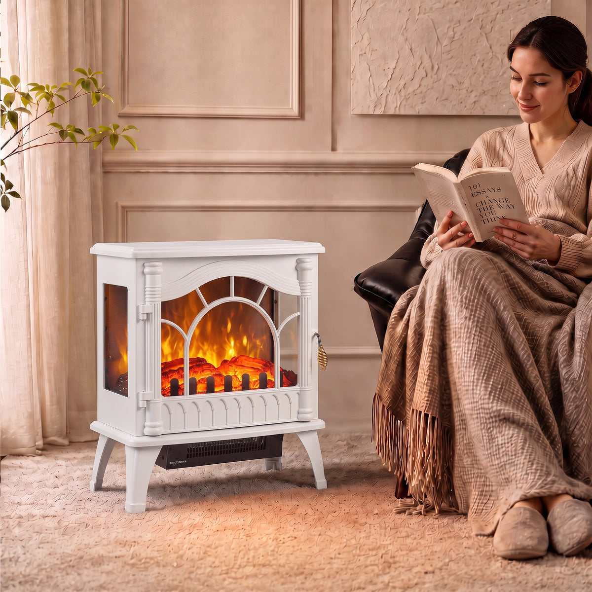 3-sided Glass Electric Fire Fan Heater With Flame Effect | White