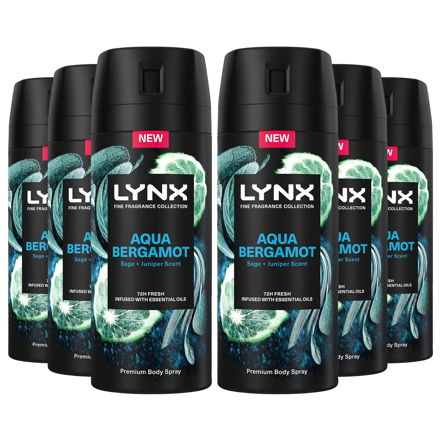 Lynx Fine Fragrance Collection Aqua Bergamot Deodorant Body Spray 150ml, 6 Pack
