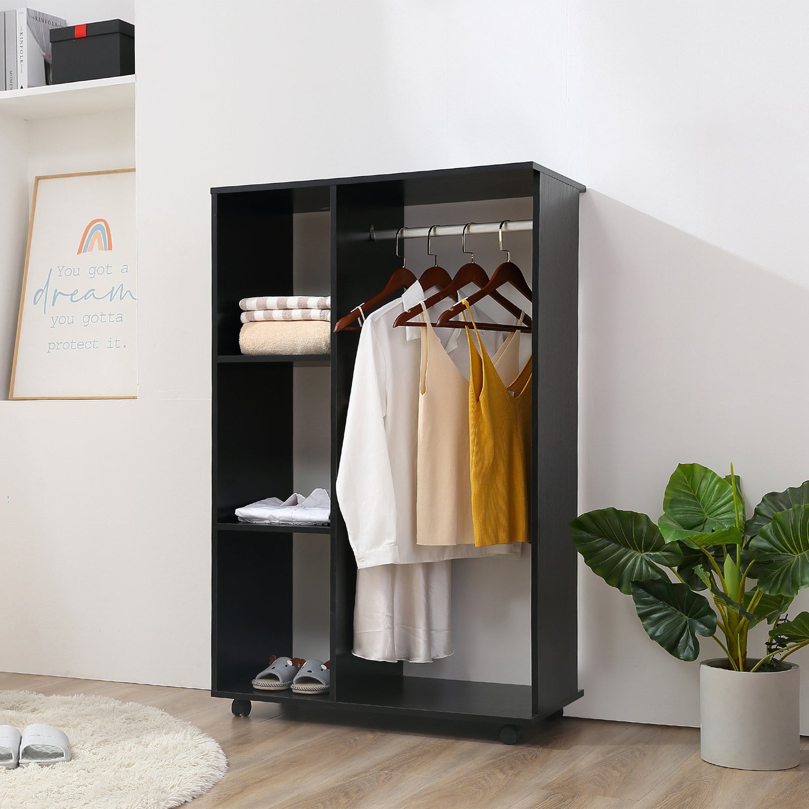 Rolling Open Wardrobe Hanging Rail Storage Shelves Clothes | One Size | Black
