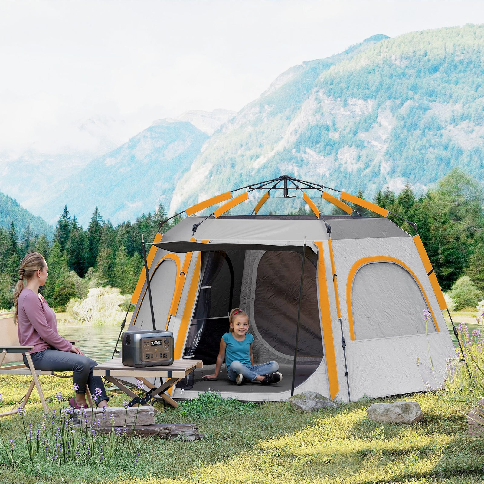 Instant 2/3/4 Person Dome Tent, Hexagonal | Light Grey