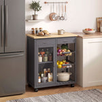 HOMCOM Bamboo Kitchen Island With Glass Door, 2 Metal Wire Baskets, Grey