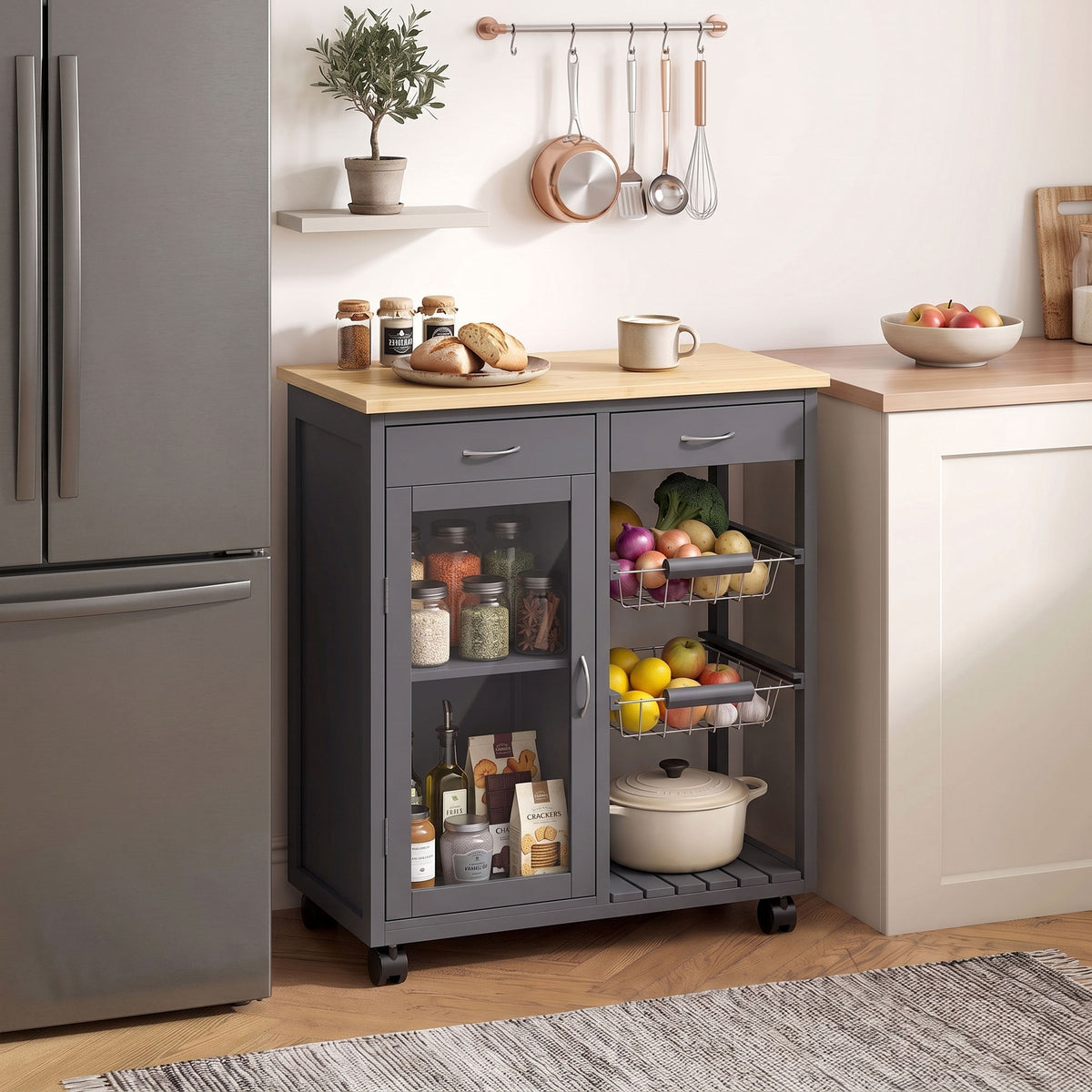 HOMCOM Bamboo Kitchen Island With Glass Door, 2 Metal Wire Baskets, Grey