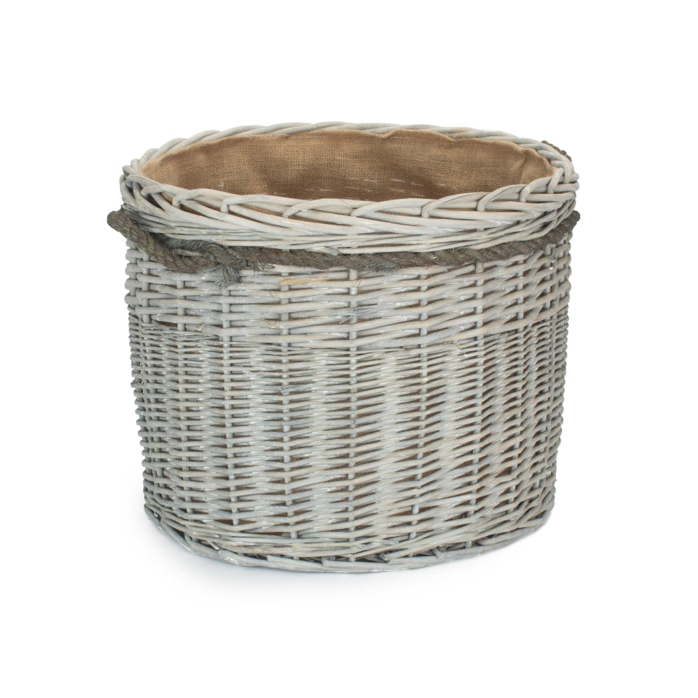 Large Wicker Grey Wash Round Hessian Lined Log Basket | Large | Gray