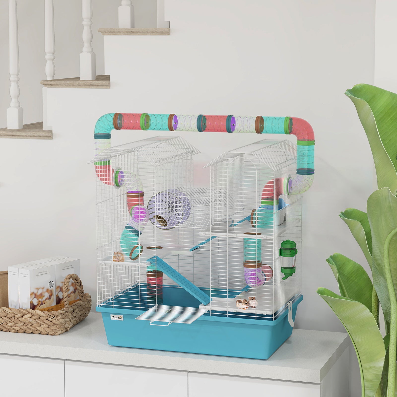 Pawhut 4 Tier Hamster Cage With Tubes, For Drawf, 58 X 36 X 65cm, Light Blue
