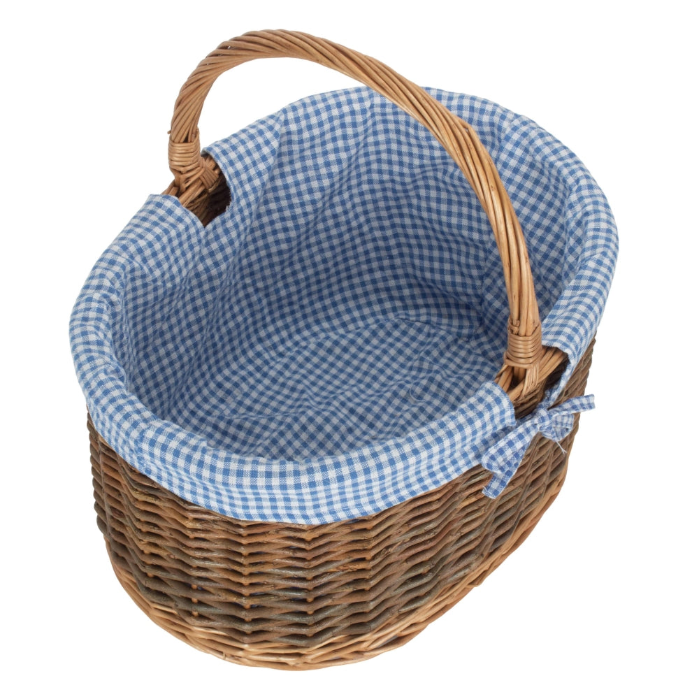 Blue Checked Lined Country Oval Wicker Shopping Basket | Large | Blue