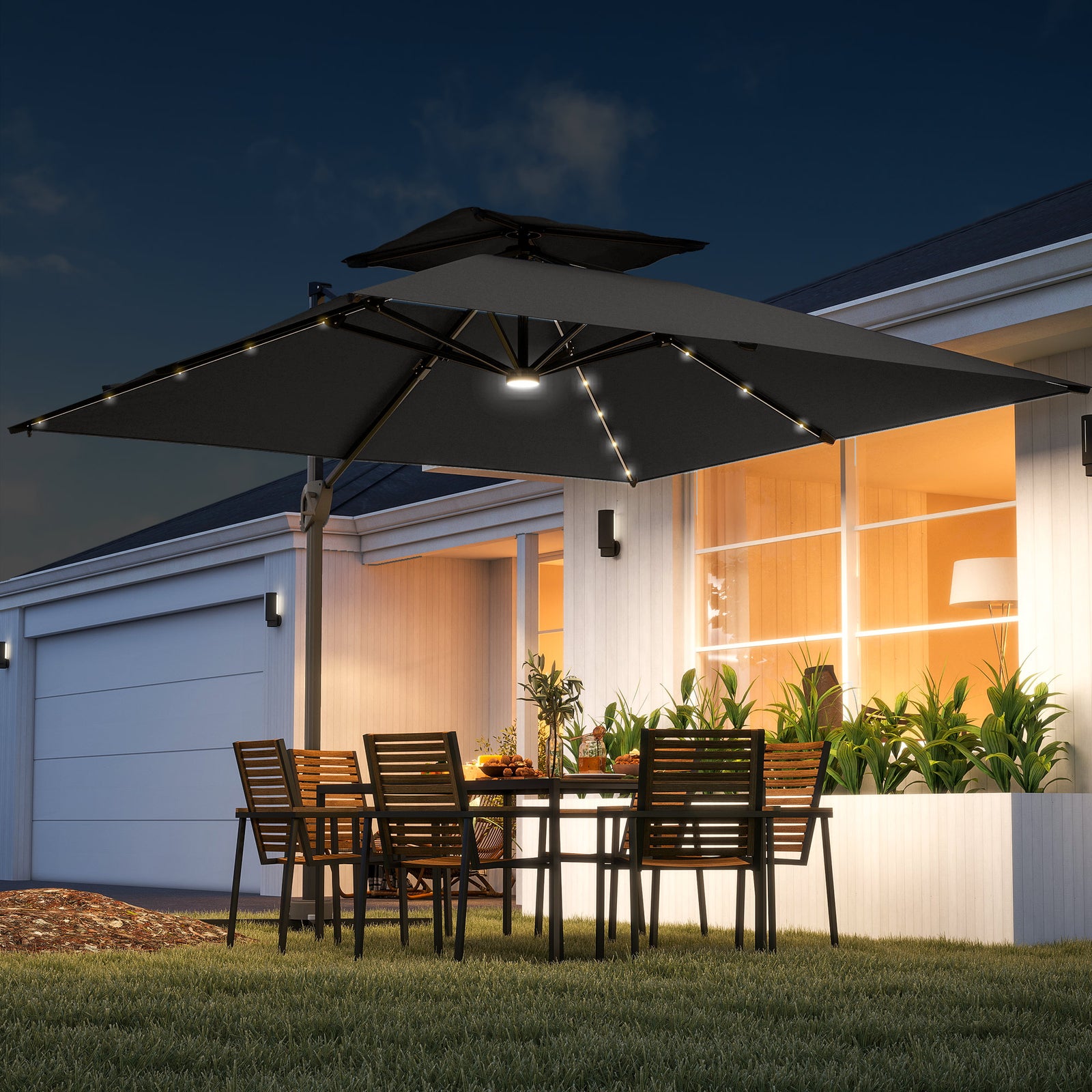 3.5x3m Cantilever Parasol, Solar Led Lights | Dark Grey