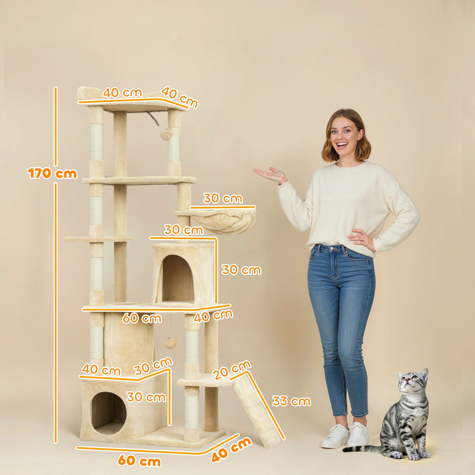 170 Cm Cat Tree, Large Cat Tower With 7 Scratching Posts | Beige