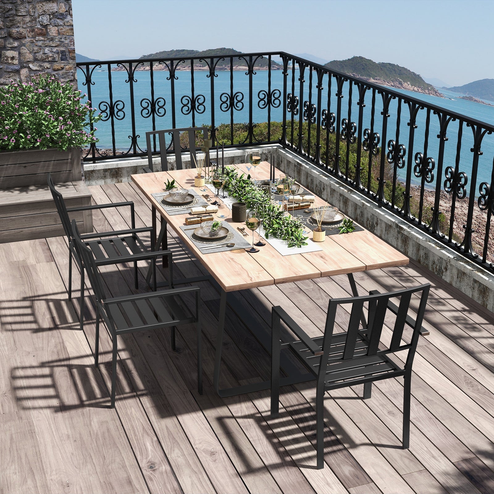 Stackable Outdoor Garden Chairs With Metal Slatted Design | Set of 4 | Black