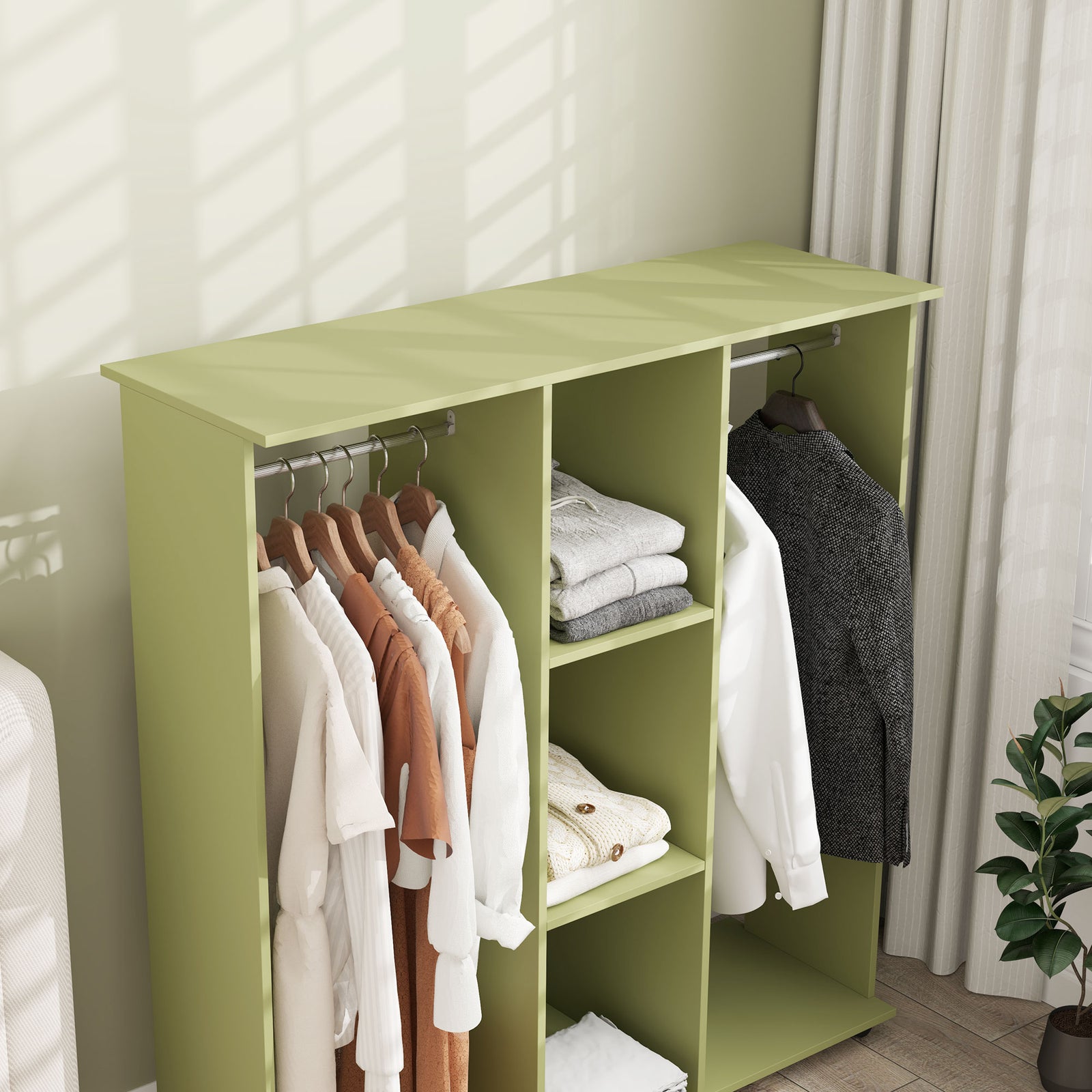 Mobile Double Open Wardrobe W/ Clothes Hanging Rail | Green