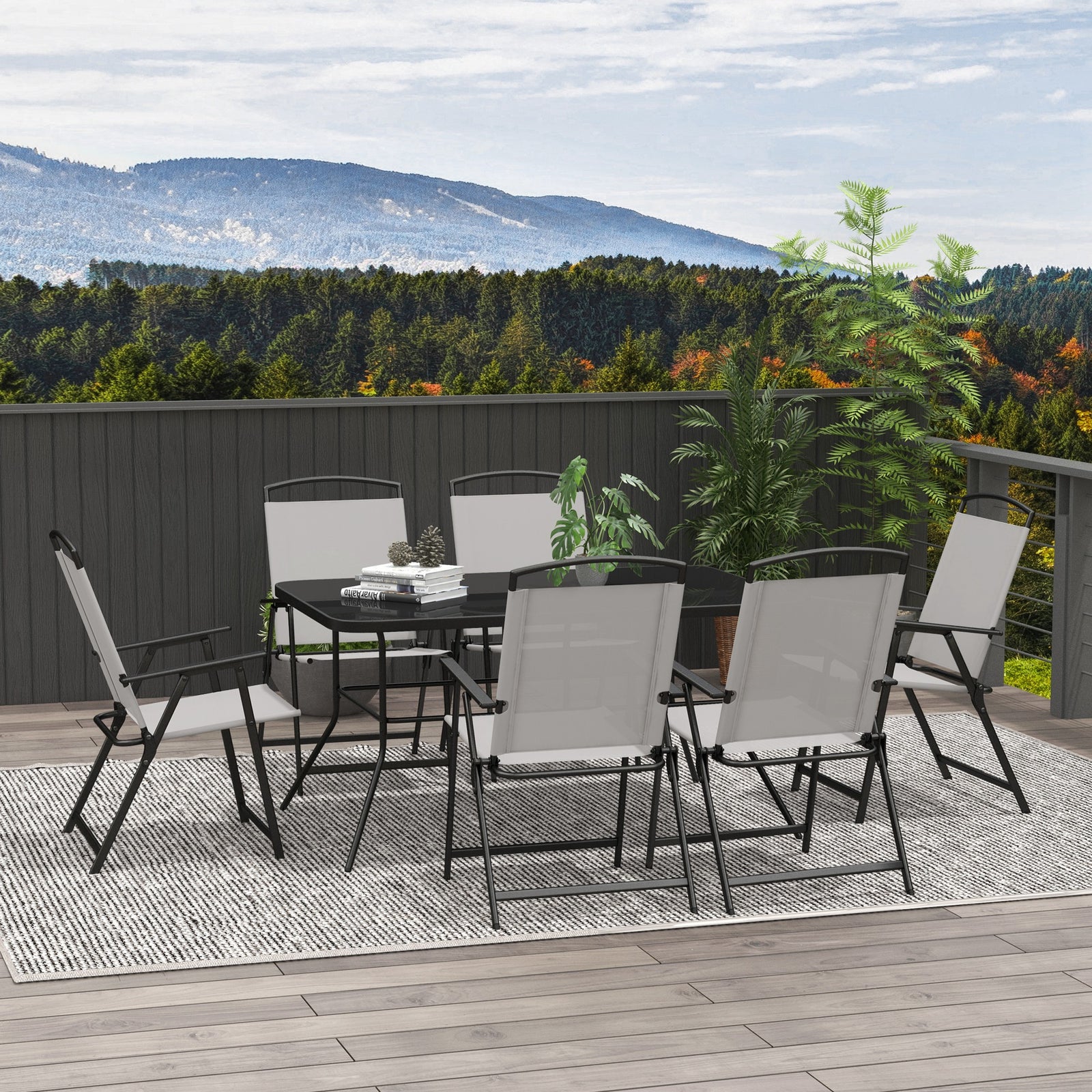 Garden Furniture Set W/ Parasol And Folding Chairs For Patio | 7 | Gray