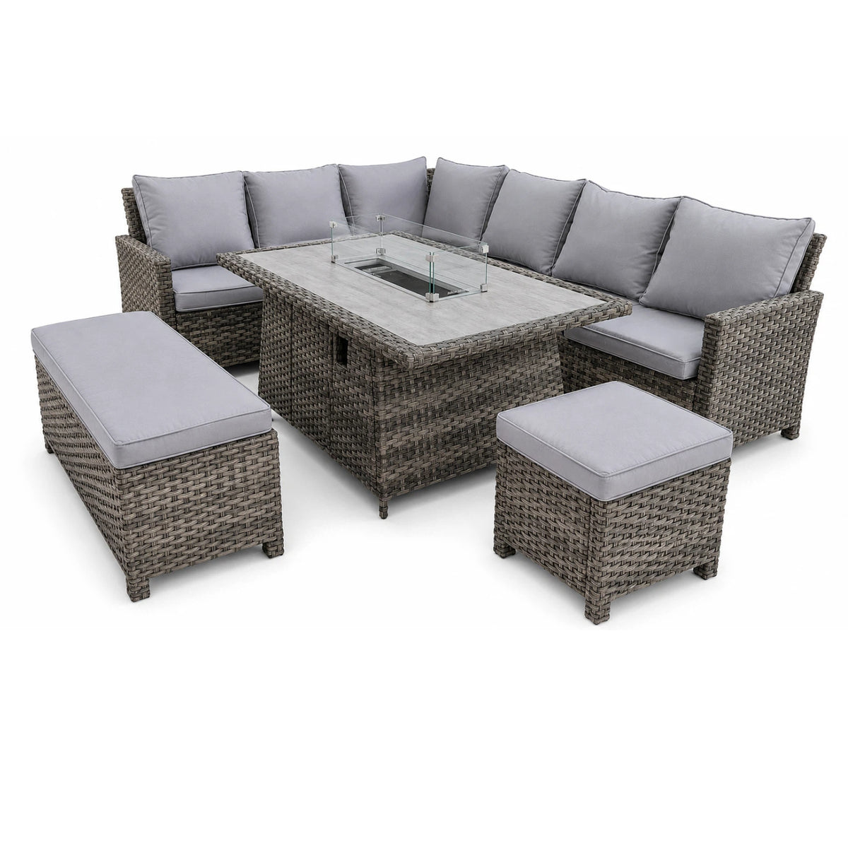 Indoor & Outdoor Living The Maldives Grey Aluminium 9 Seat Corner Gas Firepit Rattan Dining Set