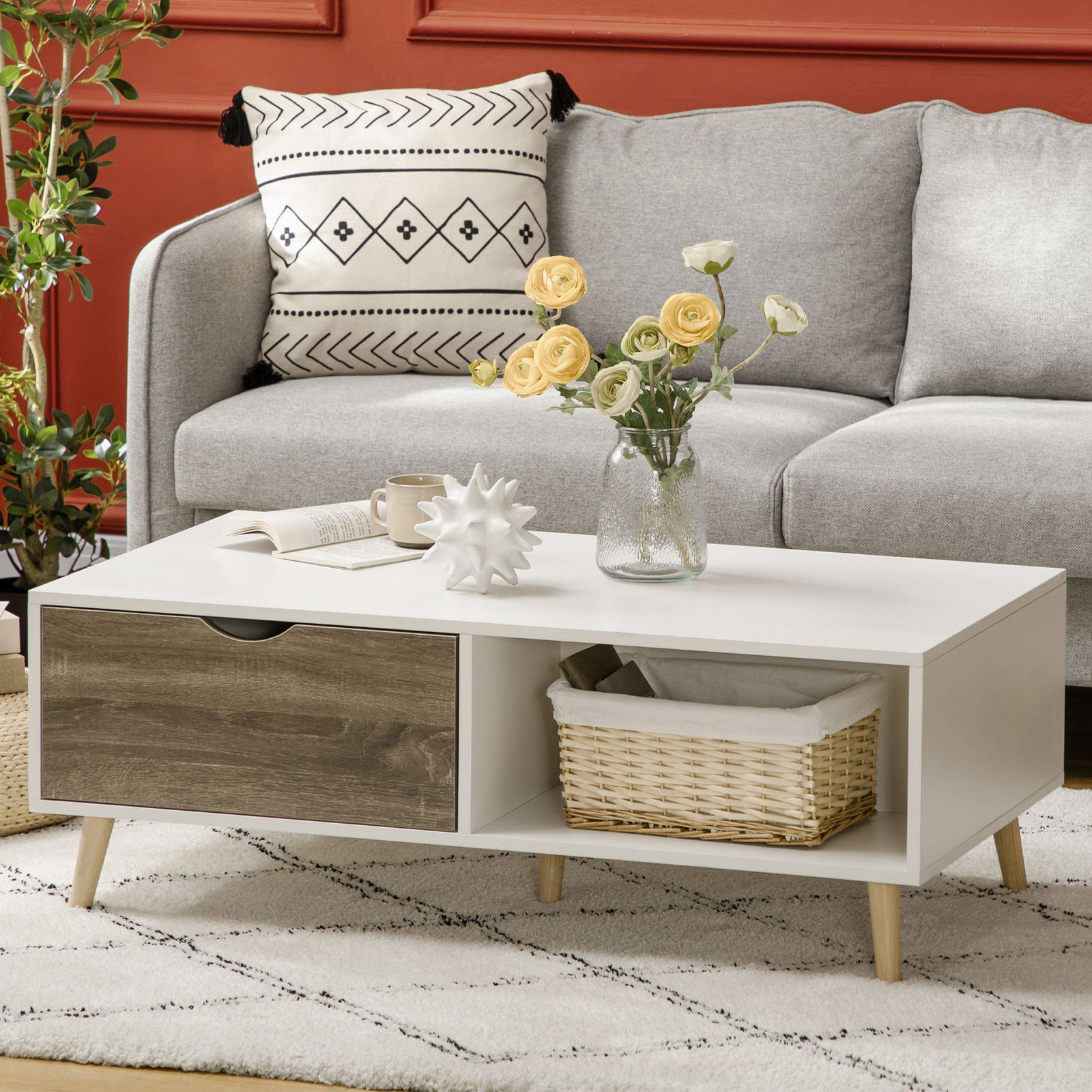 Modern Coffee Table With Storage Shelves, 2 Drawers