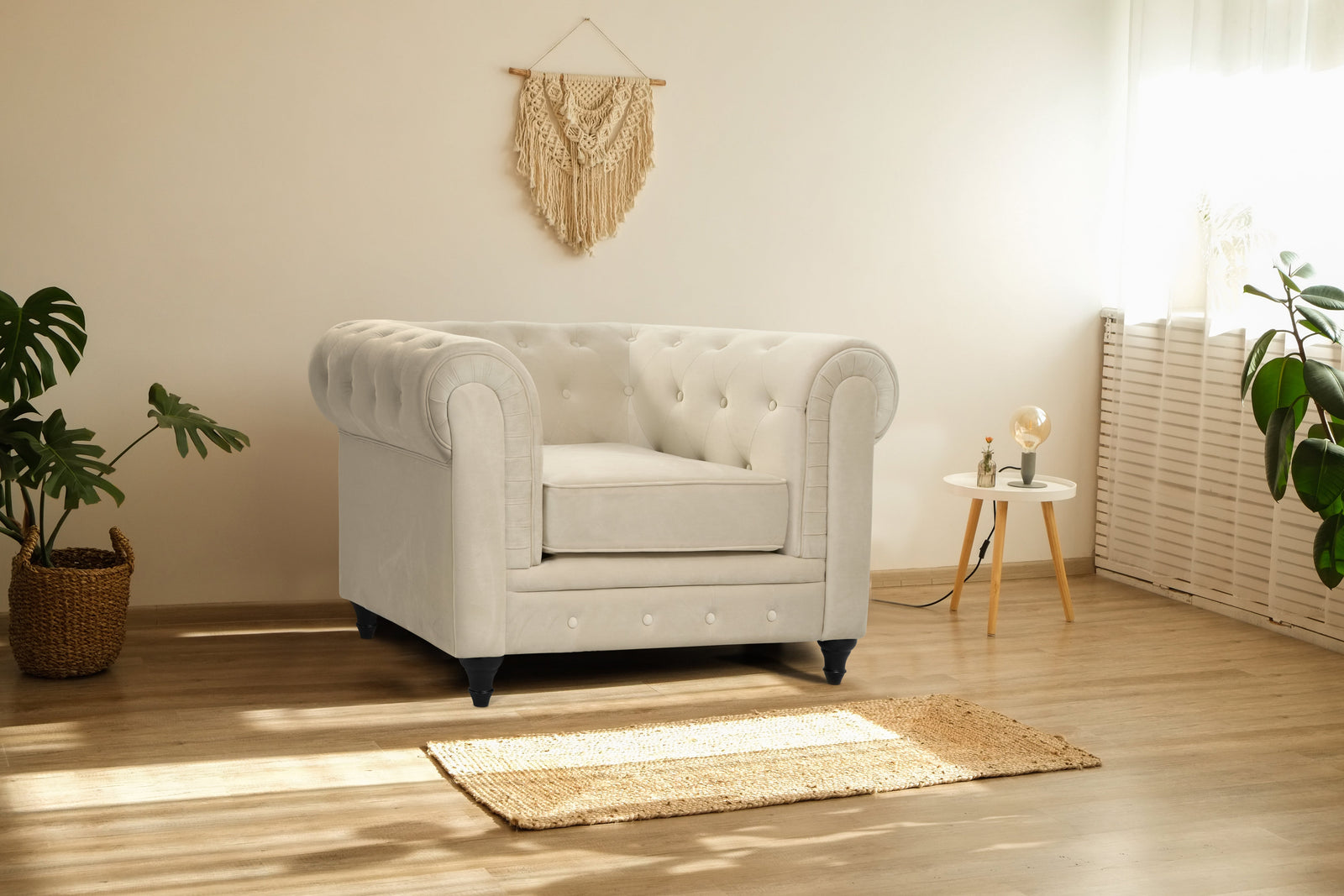 Button Tufted Velvet Living Room Armchair | Cream