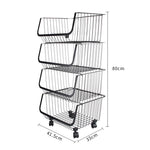 3/4/5 Tier Stackable Rolling Metal Wire Basket Trolley Rack Fruit Vegetable Storage Holder For Kitchen | Medium | Black