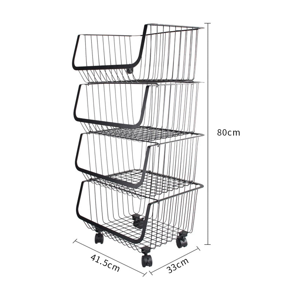 3/4/5 Tier Stackable Rolling Metal Wire Basket Trolley Rack Fruit Vegetable Storage Holder For Kitchen | Medium | Black