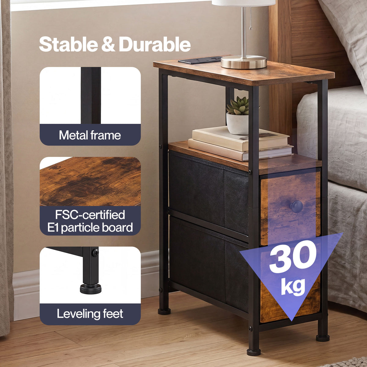 Bedside Table Narrow Side Table With Led Charging Station Storage Brown | Brown