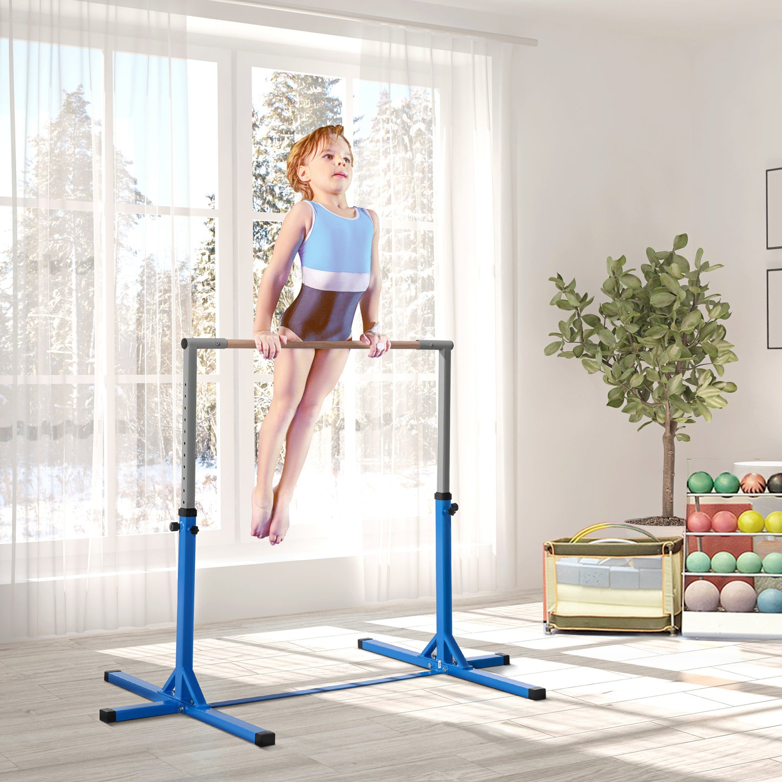 Adjustable Kids Gymnastics Bar Horizontal Training Steel Frame Wood | Blue
