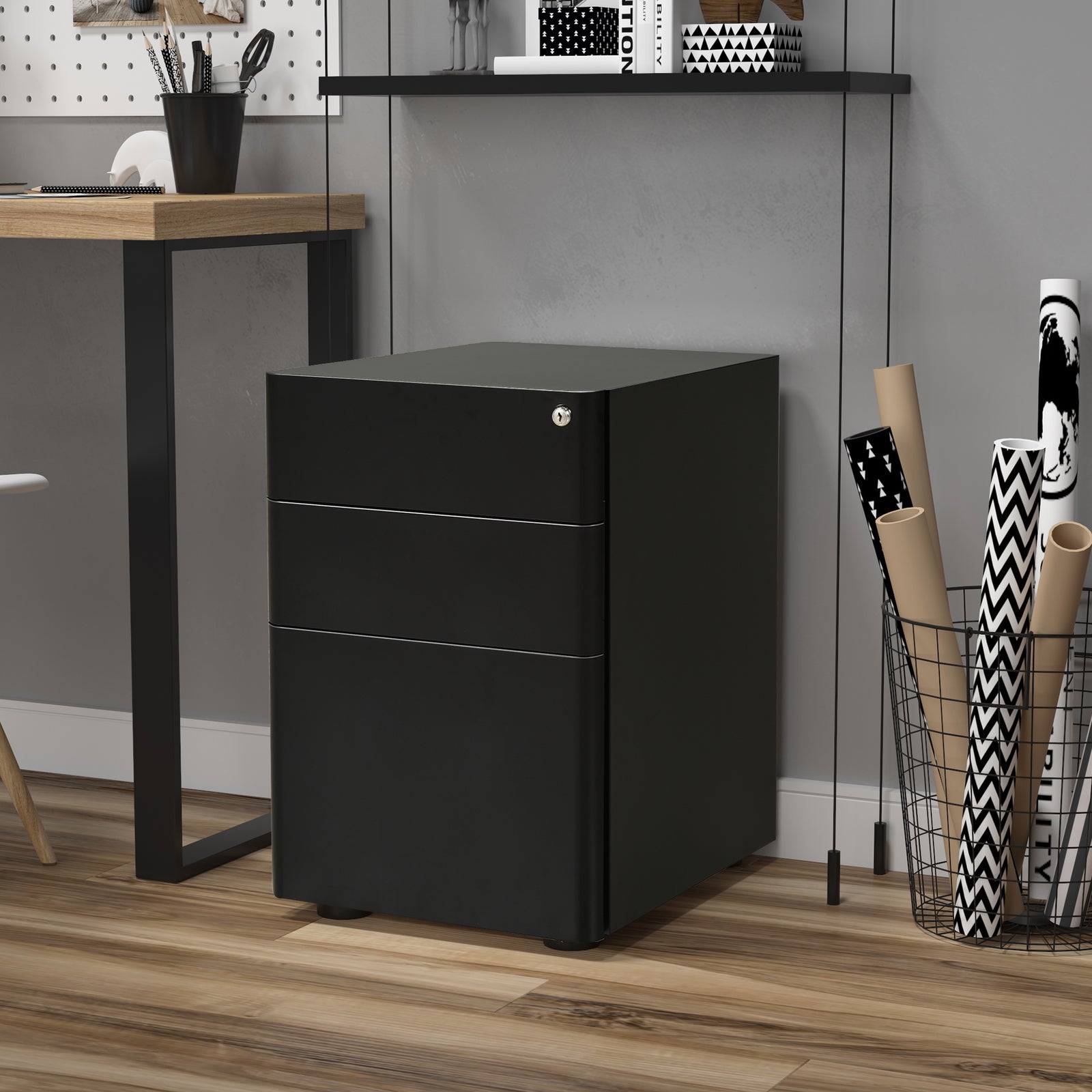 3 Drawer Metal Filing Cabinet Lockable 5 Wheels | One Size | Black