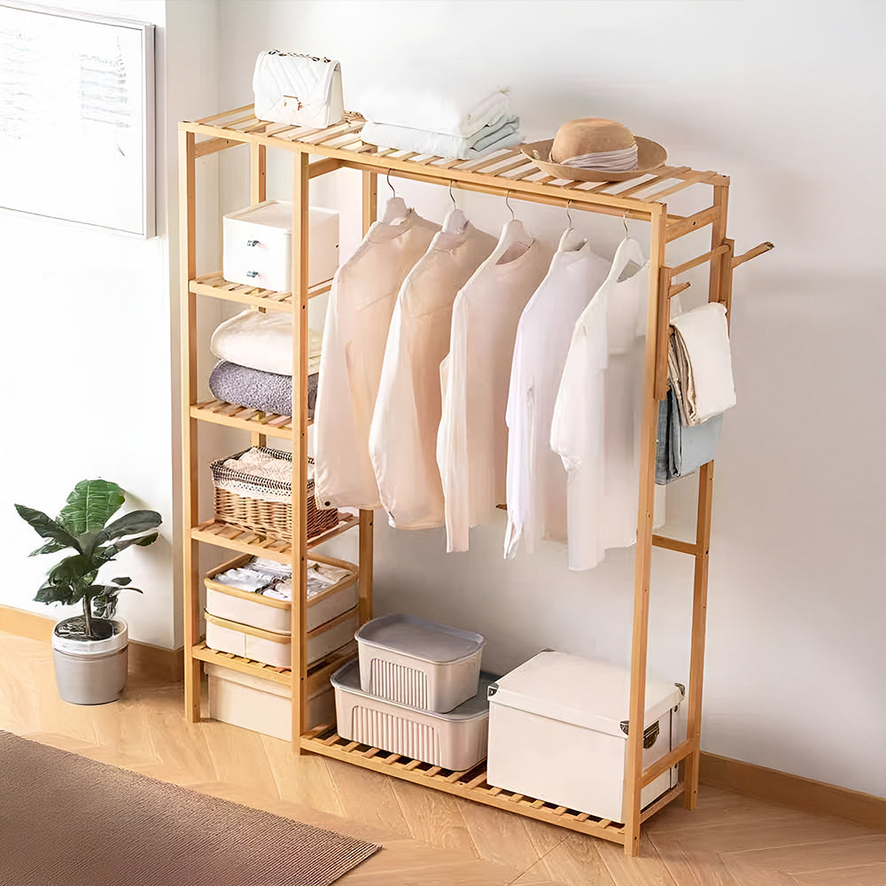 Wooden Garment Rack With Side Hooks Multi-functional Freestanding Clothes Organizer | Small | Natural