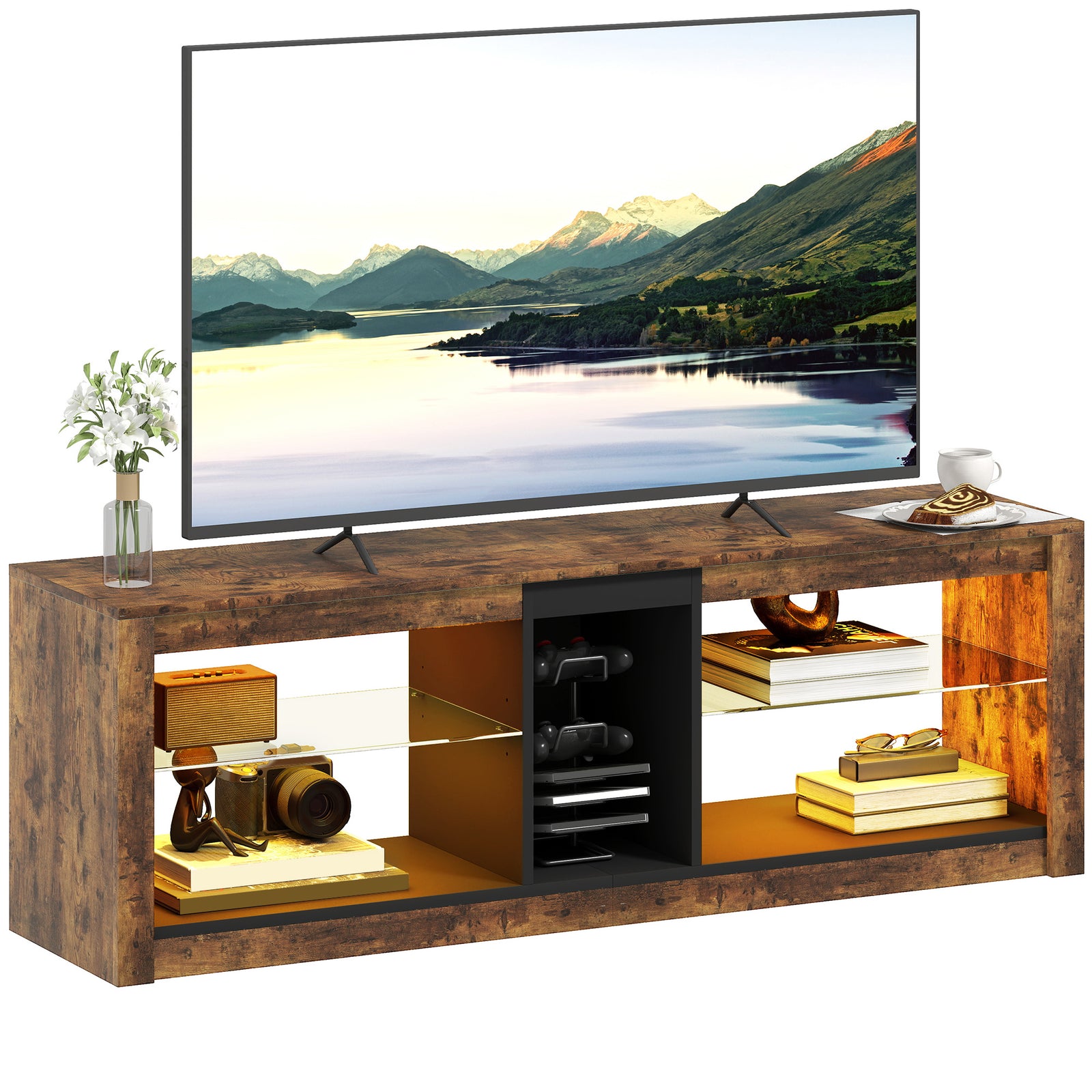 HOMCOM Tv Stand, Entertainment Centre With Led Lights, Rustic Brown