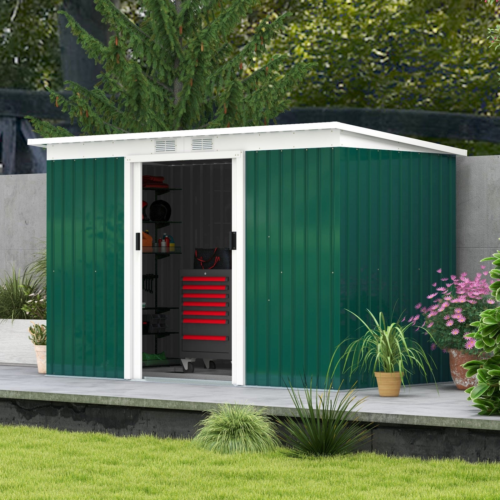 9 X 4ft Outdoor Metal Frame Garden Storage Shed W/ 2 Door | Dark Green