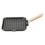 24cm Cast Iron Grill Pan Cookware With Folding Wood Handle & Oil Spout