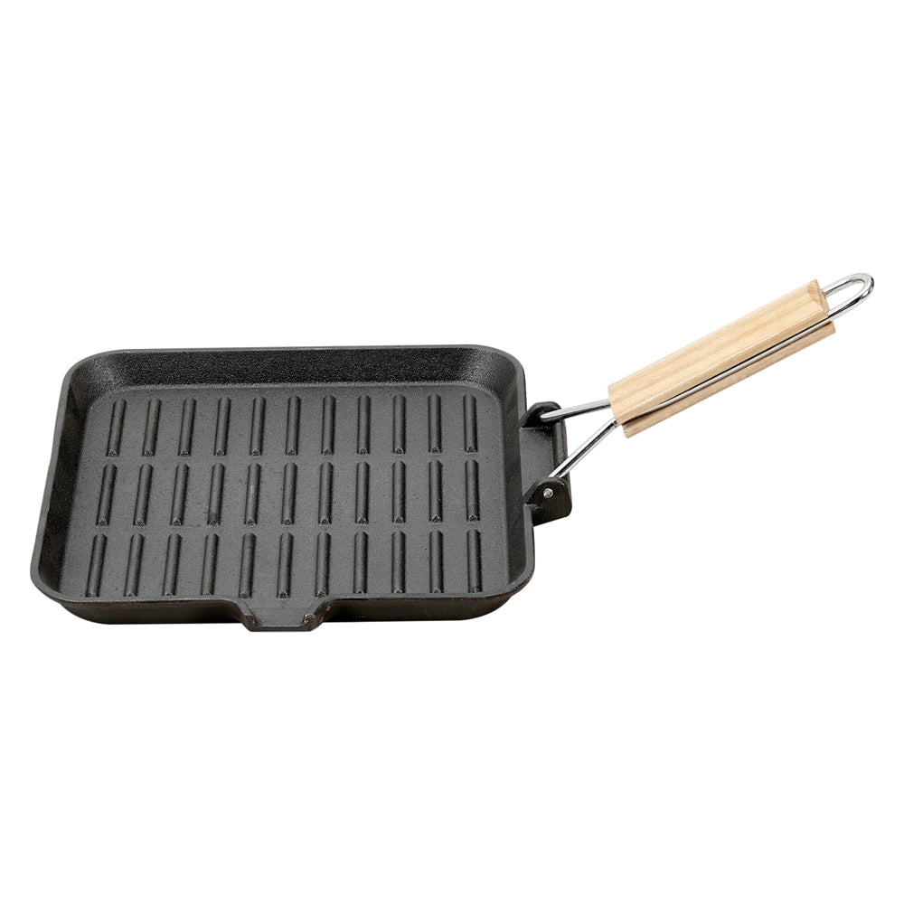 24cm Cast Iron Grill Pan Cookware With Folding Wood Handle & Oil Spout