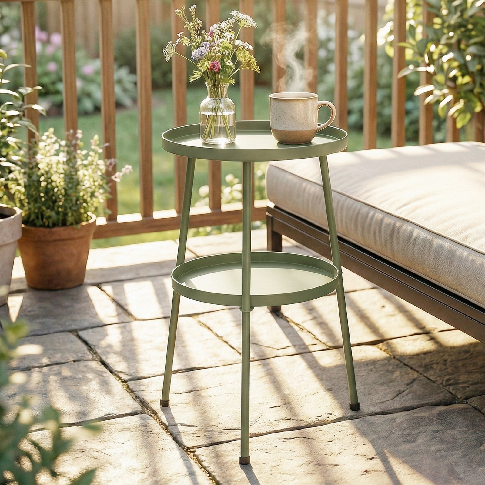 Patio Side Table, 2-tier Round Coffee End Table | Green