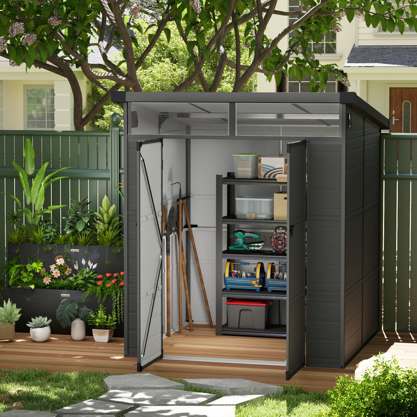 6 X 6ft Plastic Garden Shed With Windows And Air Vents | Dark Gray
