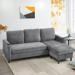 Grey Chenille 3-seater Sofa With Ottoman – Metal Rivets, Cup Holders & Side Pockets, Wooden & Iron Frame
